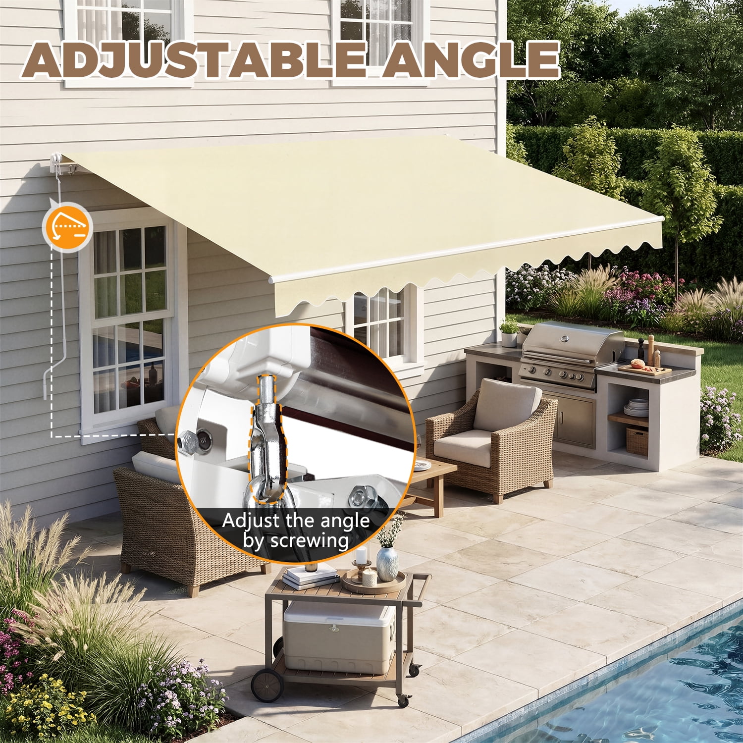 BaPiPro 12'x10' Manual Retractable Awning for Patio, Outdoor Sun Shade Waterproof Fabric Canopy with Crank Handle, UV Protection for Deck Balcony, Beige