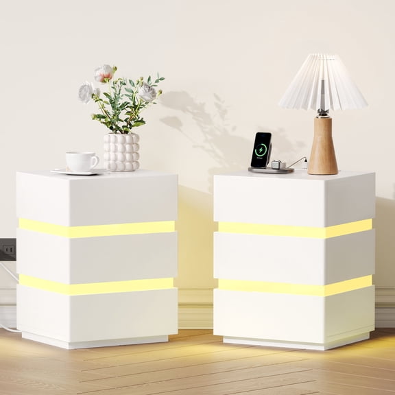 Night Stand With Charging Station And Led Lights, Modern Bedside Table With 3 Storage Drawer, End Table For Bedroom