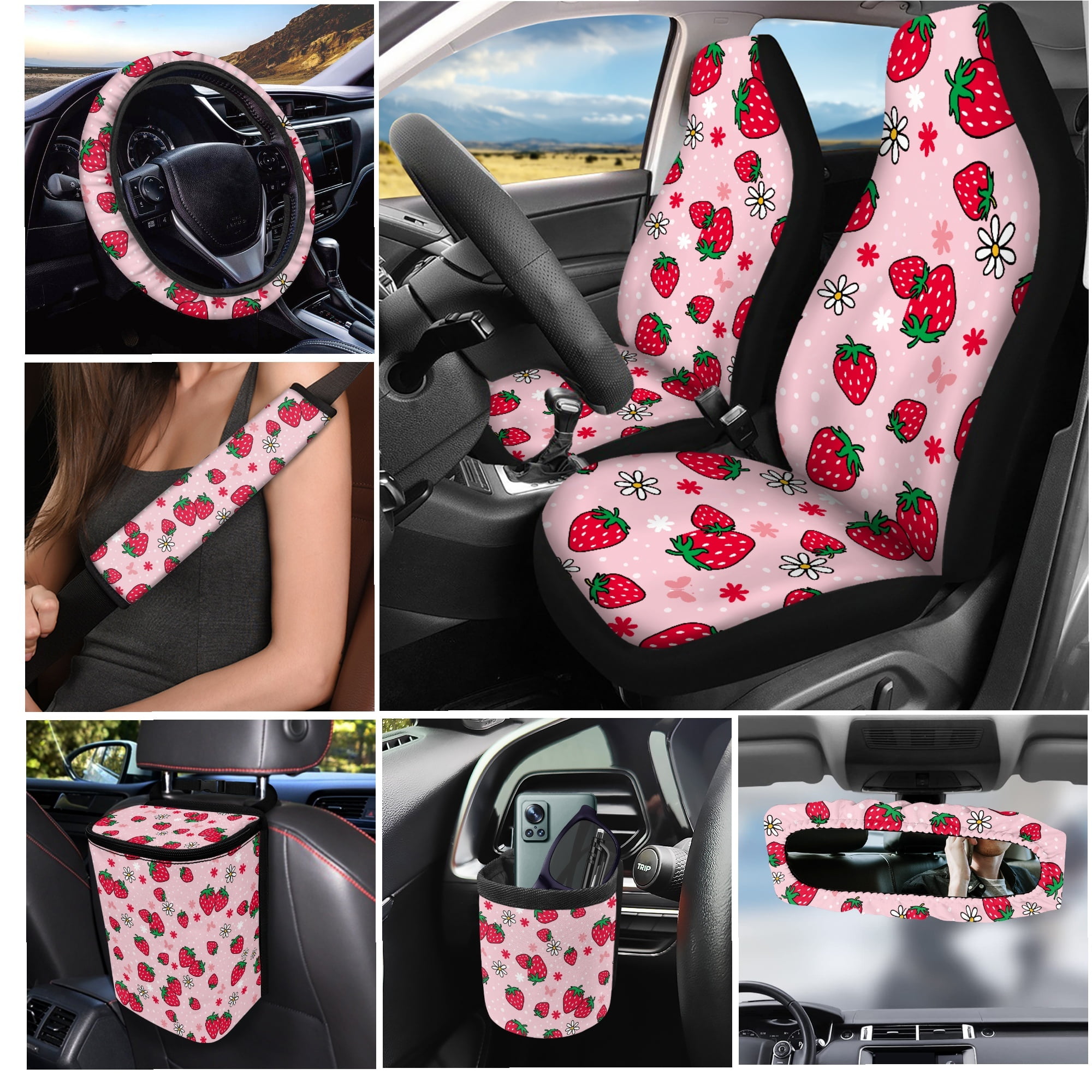 Yuyamidu 15 PCS Strawberry Car Seat Cover Set Pink Steering Wheel Cover Seat Belt Pad Cover Trash Bin Rear View Mirror Cover Cup Holders Keychain Air Vent Storage Holder Car Decor