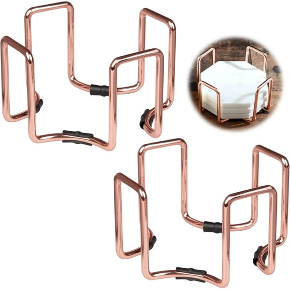 D'Eco Rose Gold Coaster Holders (2 Pack)- Iron Non-Skid & Non-Scratch Holders Protect Tabletops- Fits 5 Coasters 4" to 4.25" in Size - Octagonal Design to Hold Coasters of Any Shape