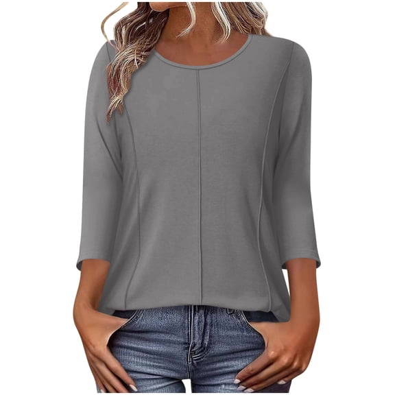jtjvou Womens 3/4 Length Sleeve Tops Dressy Casual Blouses Loose Fit Round Neck Shirts Summer Work Office Outfit Gray XXL