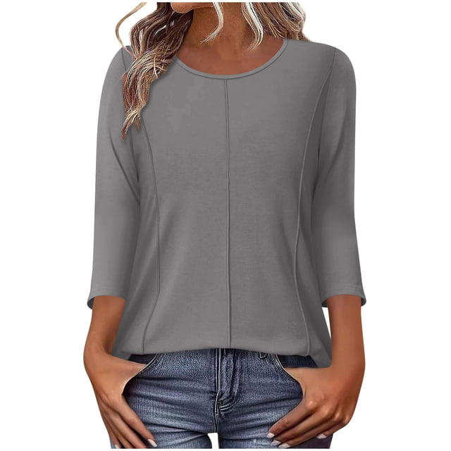 Wo-Fusoul Haut pour Femmes, Blouse Décontractée à Manches 3/4, Col Rond, Couleur Unie, Coupe Ample, Printemps Été, Vert Armée