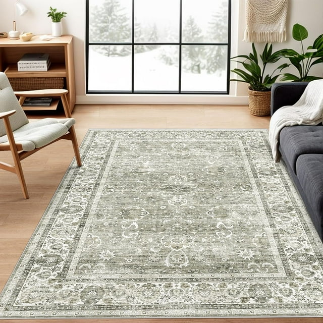 Boho Vintage Round Rug ft- Faux Wool Dreely Washable Area Rug Small Distressed Throw Rugs Floor Carpet for Door Mat Entryway Bedrooms Laundry (Round - ; Diameter Border )