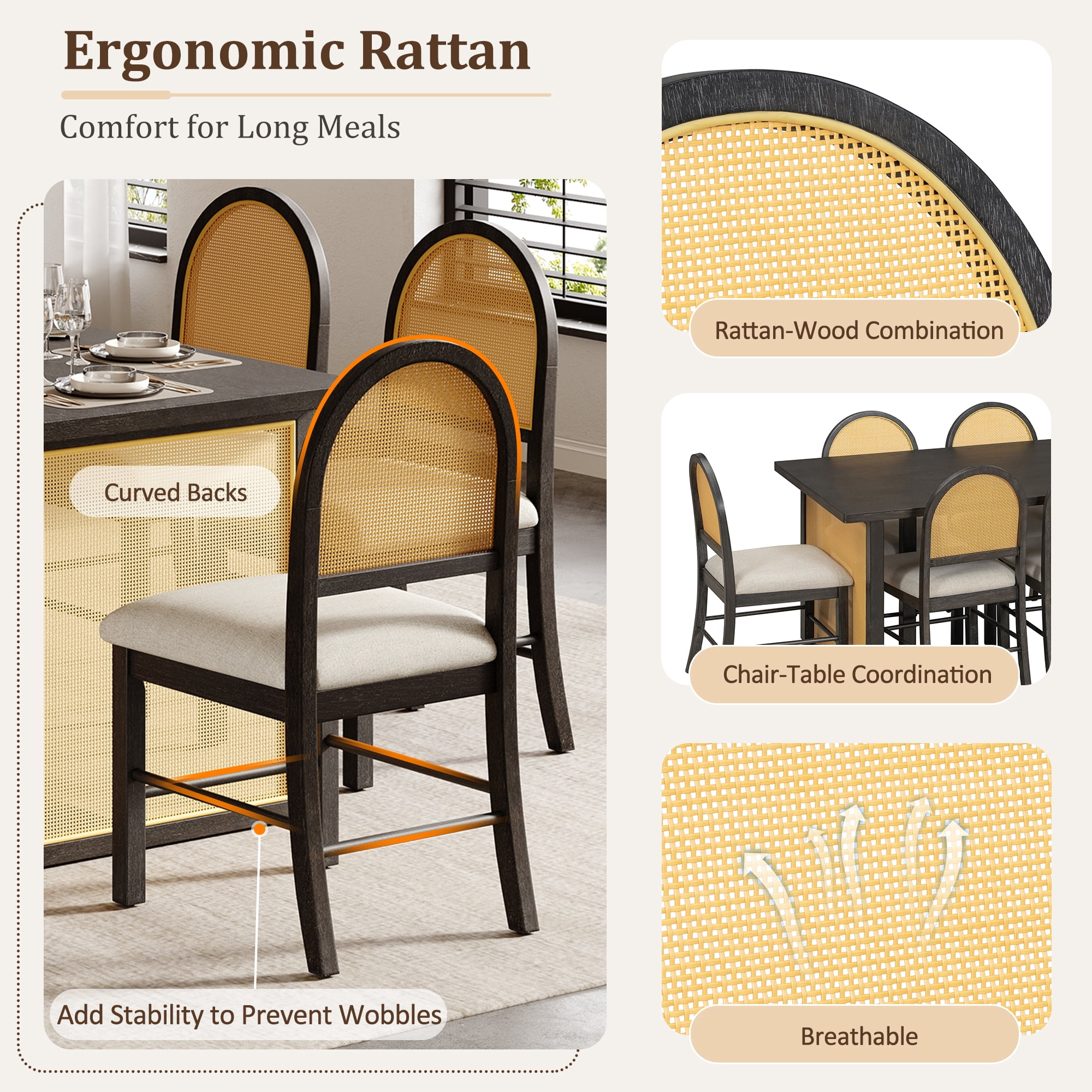 HOQBN Farmhouse 7 Piece Dining Table Set for 6,59.8" Rectangular Dining Table with Distressed Oak Veneer and 6 Rattan Chairs, Rustic Kitchen Furniture for Dining Room,Beige