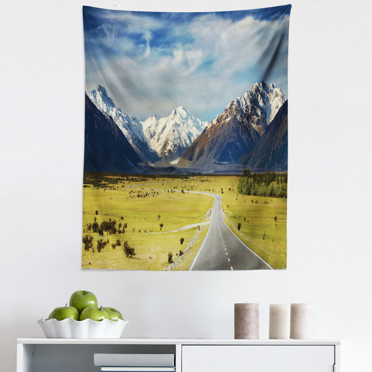 Ambesonne Mountain Tapestry, Landscape with Road and Snow Capped Mountains Southern Alps New Zealand, Wall Hanging for Bedroom Living Room Dorm Decor, - 1