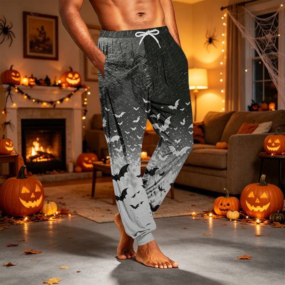Domuza Mens Halloween Pajamas Pants Casual Stretch Waist Drawstring Jogger Pj Pants Funny Novelty Print Comfy Soft Home Trousers Gray 2XL