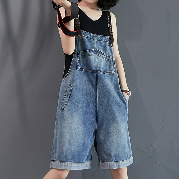 LEBONYARD Shorts for Women Plus Size,Women's Denim Jumpsuit Double Pocket Loose Casual Jumpsuit Shorts Strap Pants