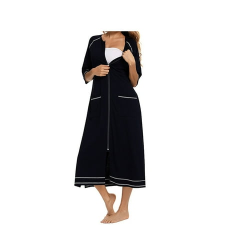 

Maternity Nightgown Women Loose Round Neck Short Sleeved Zipper Pajamas Sleepwear with Pockets