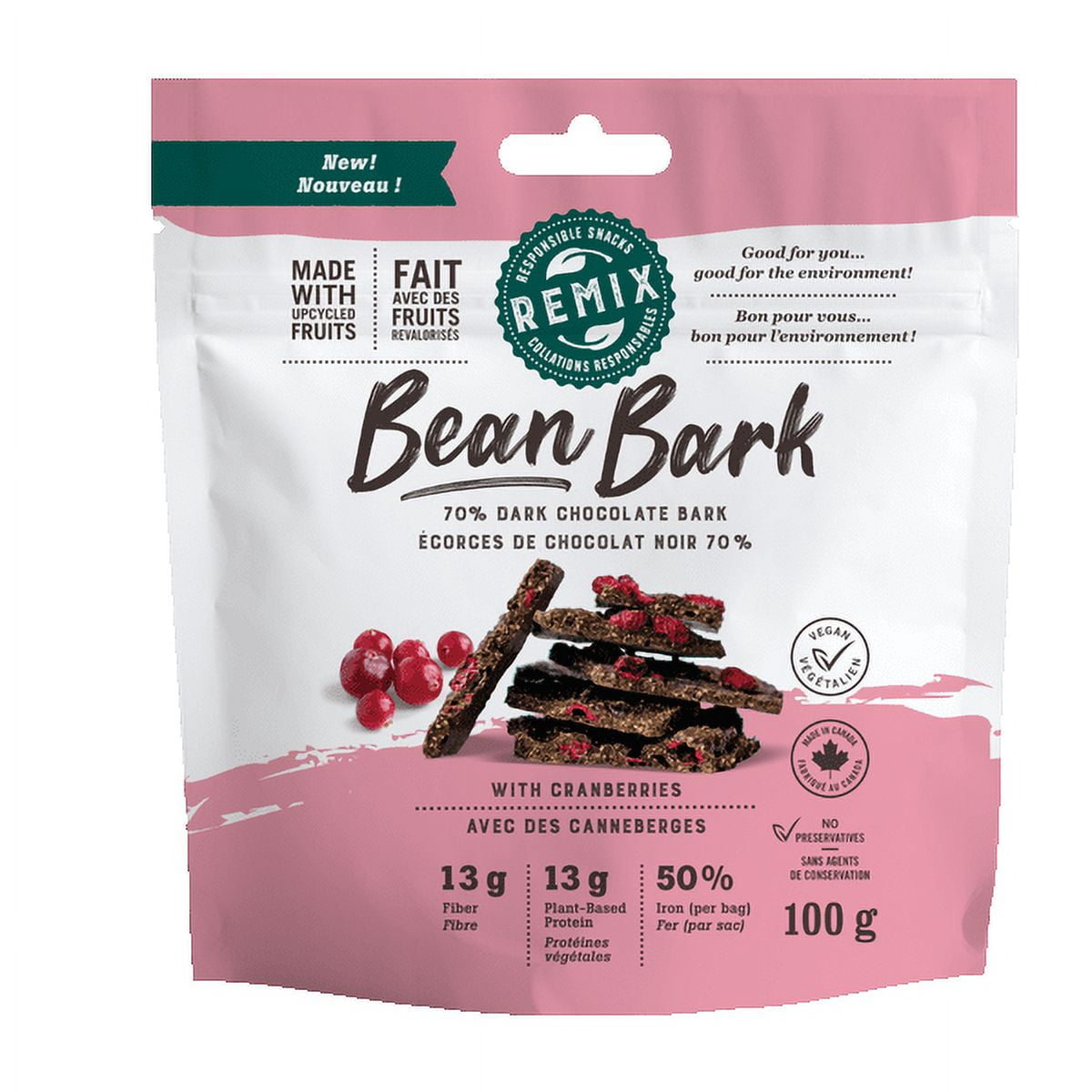 Remix Snacks Bean Bark Cranberry Dark Chocolate 100g, 70% dark chocolate