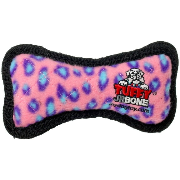 Tuffy Jr Bone Pink Leopard Durable Plush Squeaky Dog Toy