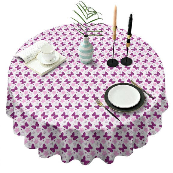 Pink Butterfly Pattern Round Tablecloth 60"x60",Wrinkle Wipeable Table Cloth for Kitchen Dining Room Picnic Patio Party