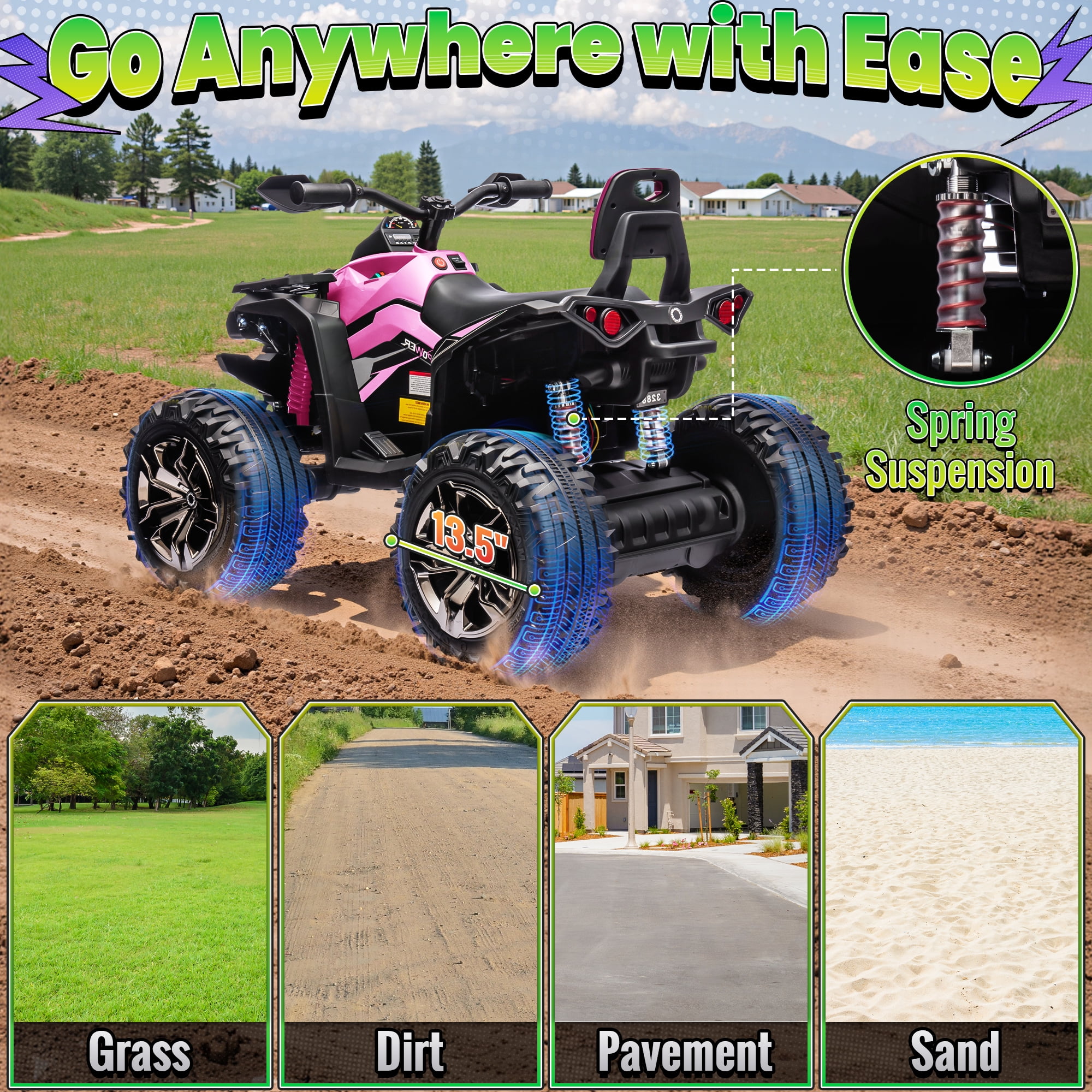 4WD 24V Ride ons ATV, Joyracer 4 Wheeler for Kids, Power Car Wheels with 4x200W Motor, Bluetooth/MP3, Horn, Music, LED for Big Kids Gift, Pink