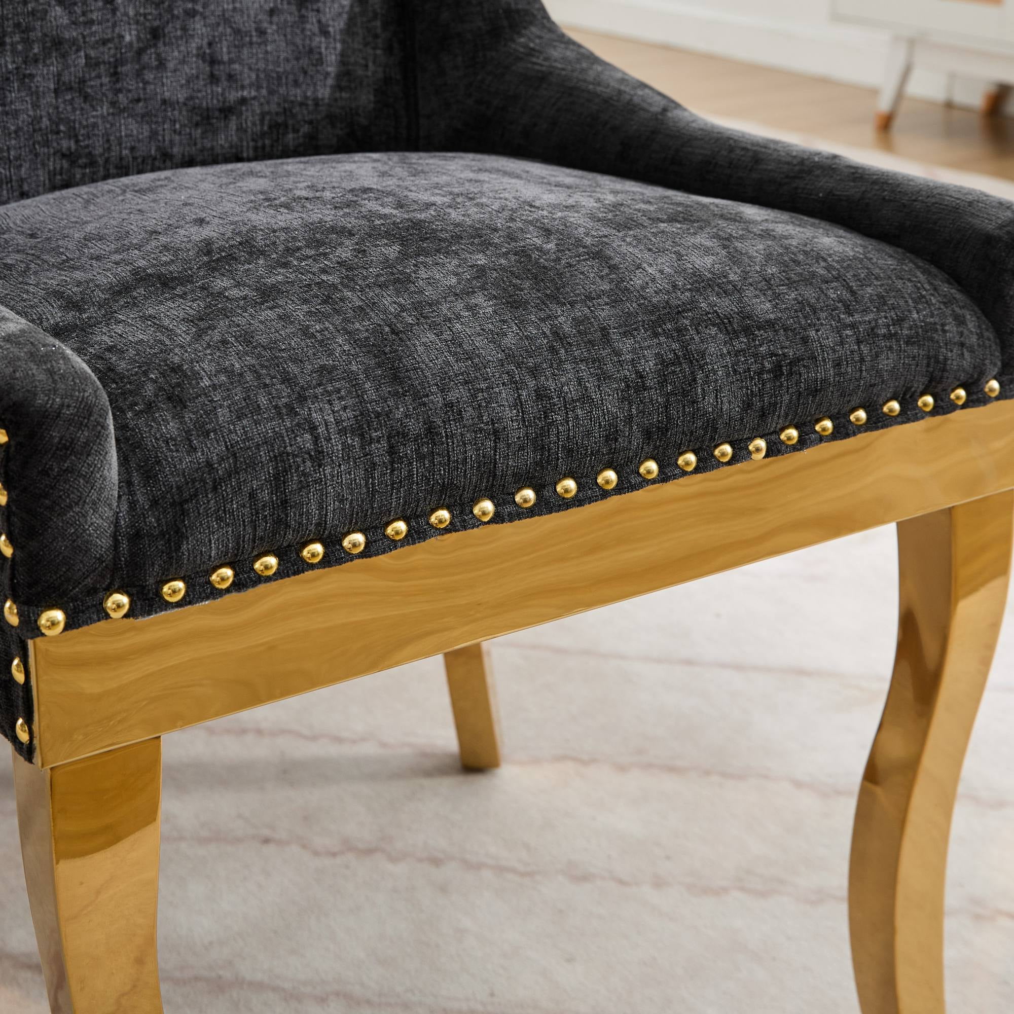 BSHTI Chenille Dining Chairs Set of 2, Black Fabric Upholstered Chairs with Curved Gold-Plated Legs & Rivet Trim – Stylish Dining or Lounge Accent Chairs, One-Piece Sturdy Frame
