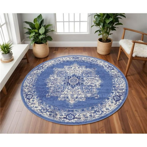 HomeRoots 552315 8 ft. Floral Medallion Round Rug, Ivory, Navy Blue & Beige