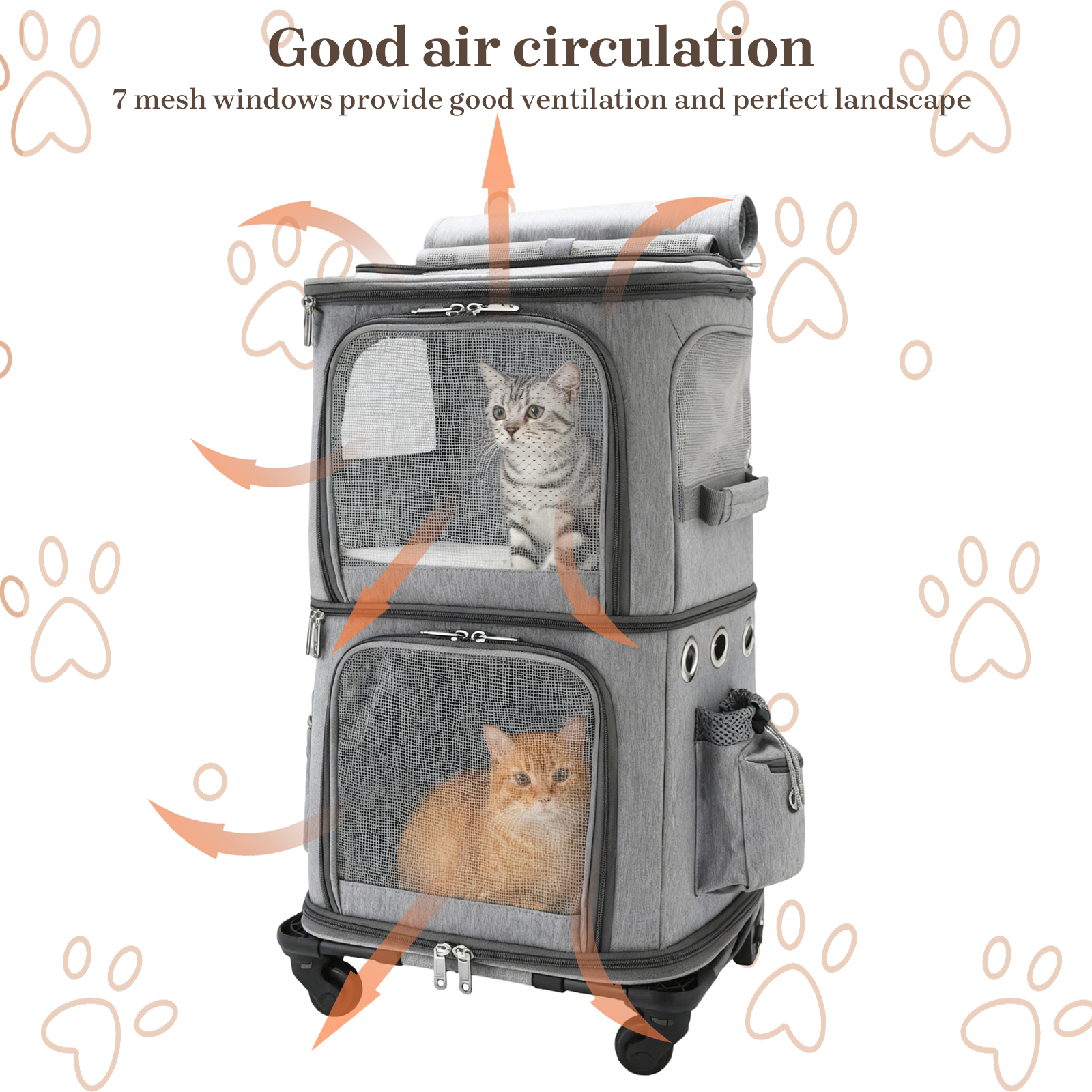 ManyFun Extra Large Double-Compartment Pet Carrier Backpack with Wheels for Small Dogs and Cats, Cat Rolling Carrier for 2 Cats, Perfect for Traveling/Taking a Walk/Trips to The Vet, Grey