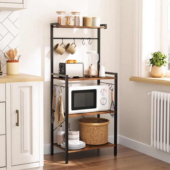 HOOBRO 4-Tier Bakers Rack with Microwave Stand & 8 Hooks, Rustic Brown and Black
