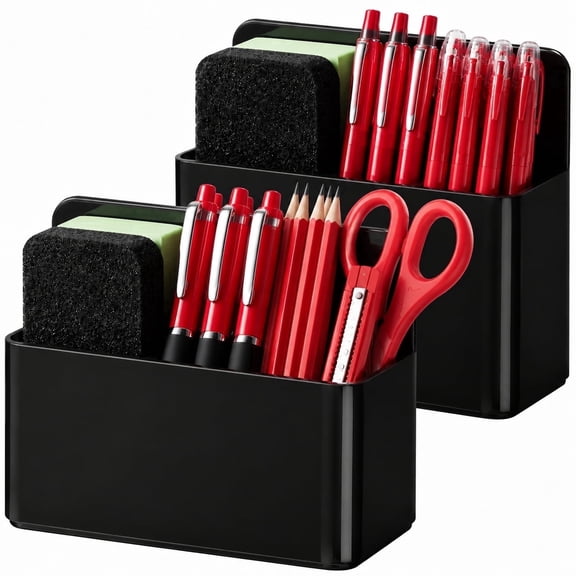2 Pack Magnetic Pen Holder, Large Black Plastic Rectangular Holder for Whiteboard Refrigerator Locker