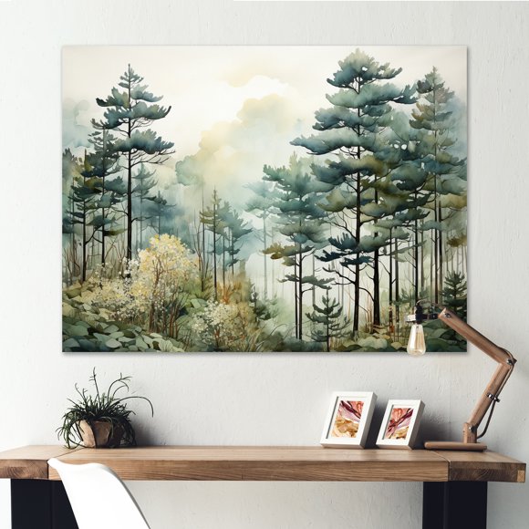 Designart Forest Oversized Wall art decor, Forest Wall Art, Tonalism Pines Pointillism I , Green Traditional Canvas wall art, 32x24 inches