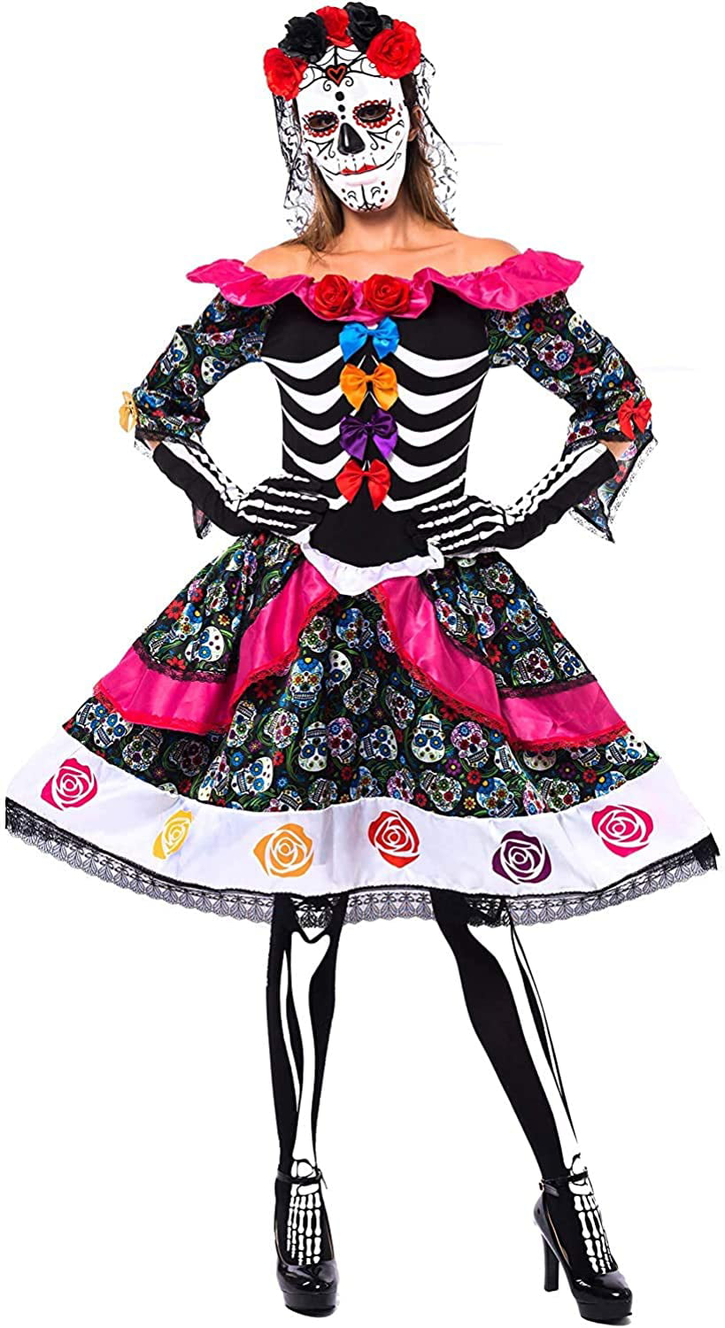 Day of the Dead Senorita Womens Fancy Dress Halloween Skeleton Adults Costumes 
