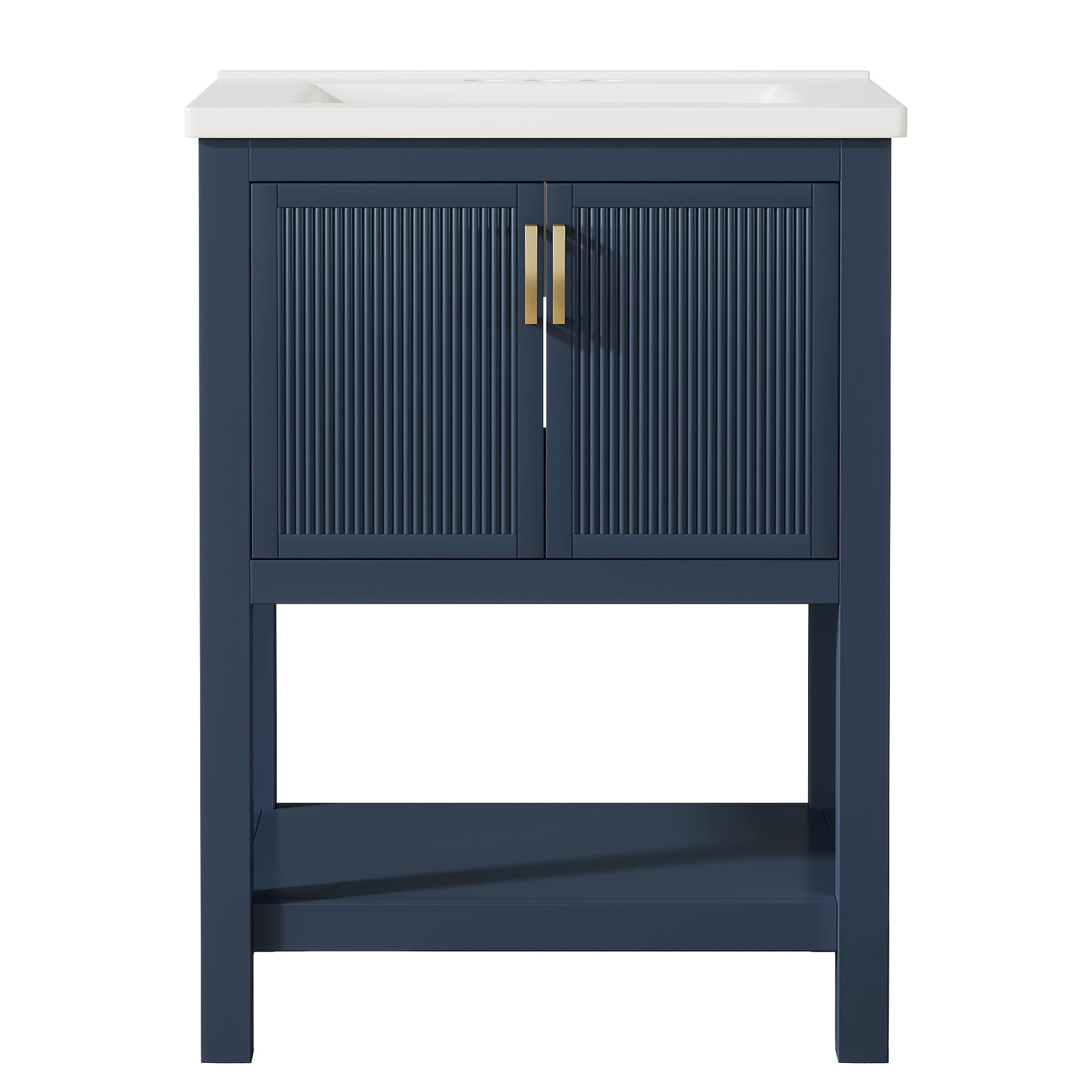 Fnova 24" Bathroom Vanity with Sink, Modern Bathroom Sink Cabinet with Ceramic Basin for Small Space, Freestanding Storage Cabinet with 2 Doors & 1 Open Shelf, Navy Blue