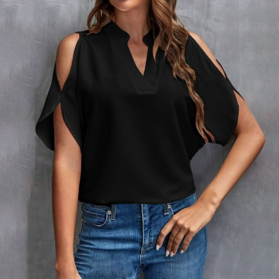 ASDL59L Womens Blouses Dressy Casual 3/4 Length Sleeve Tops Cold Shoulder Tops V Neck T Shirts for Women Tee Shirts Womens Casual Tops for Women Tshirts Shirts for Women T Shirt Black L