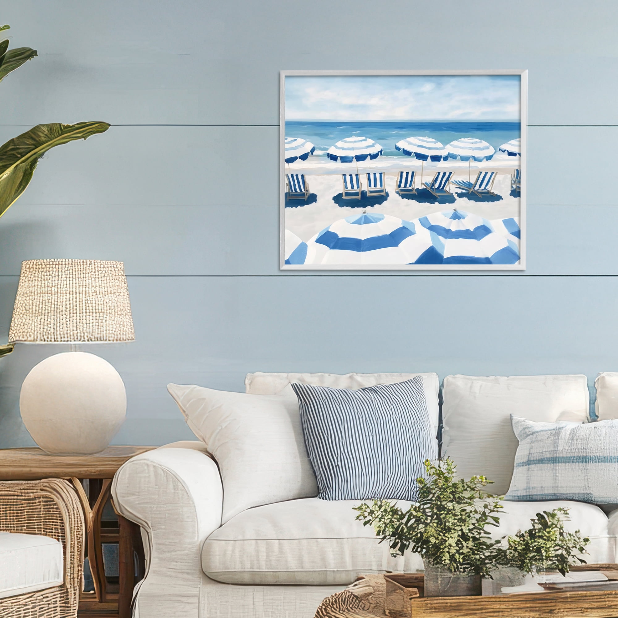 Stupell Industries Beach Nice Blue Striped Umbrellas White Framed Giclee Art, design by Sisi and Seb