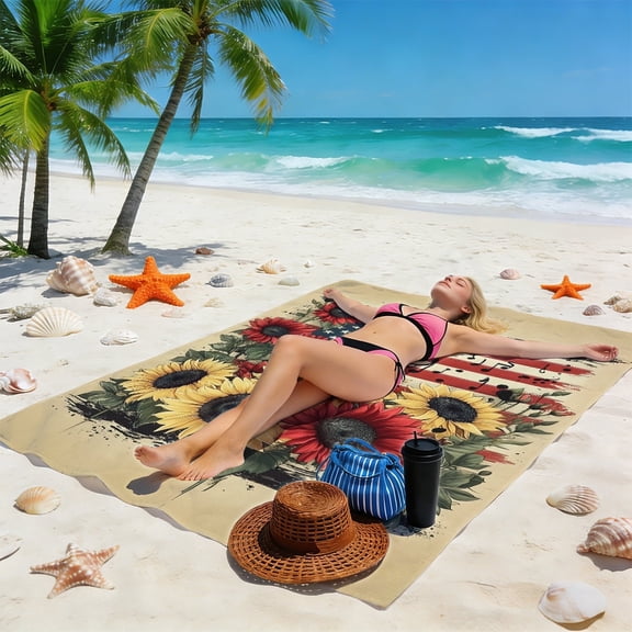 YIMEIS Sunflowers and the flag 35×70in Oversized beach towels Microfiber for Beach Activities