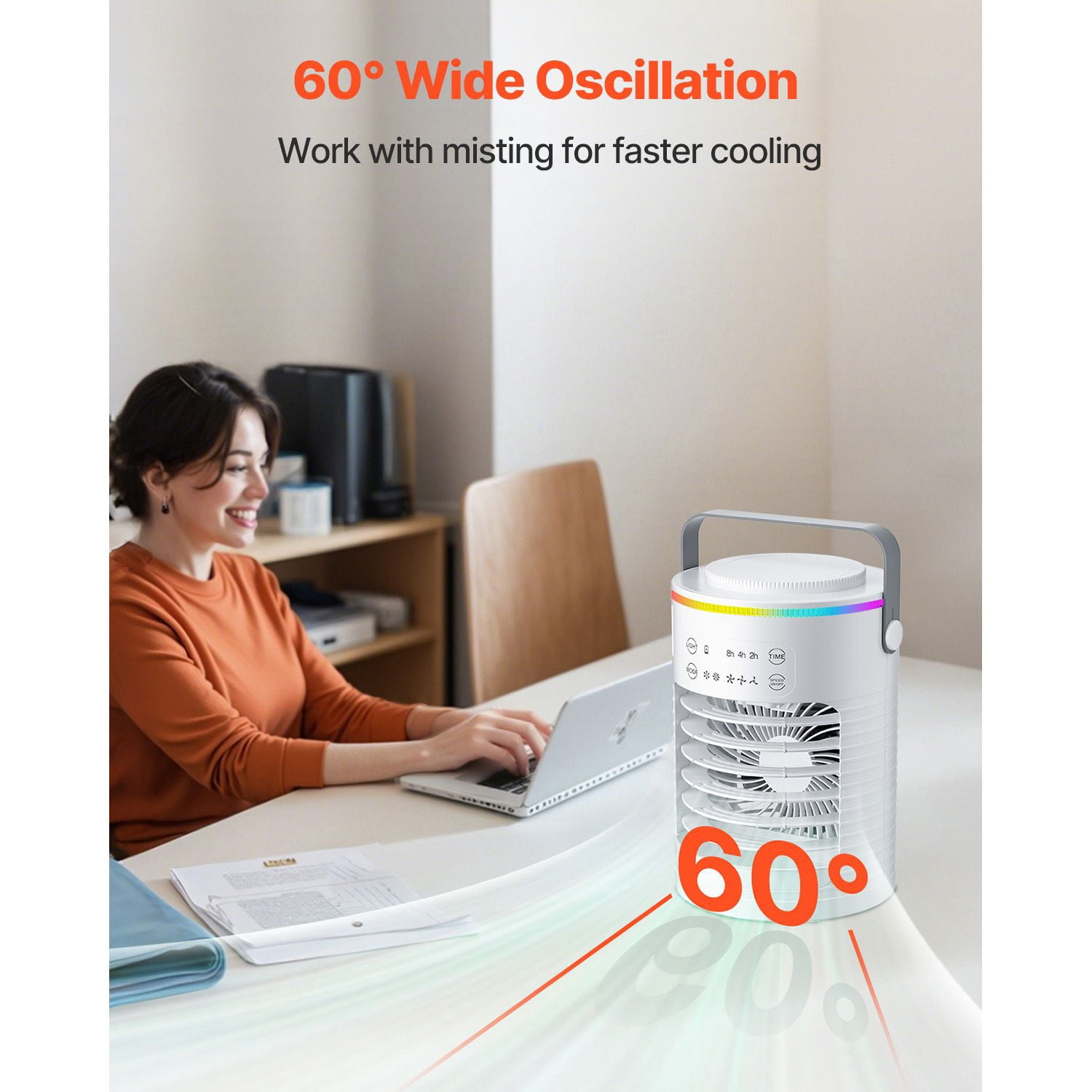 Portable Air Cooler 4-in-1, Fan/Humidifier/Air Cooler/7-Color Night Light, 3 Speeds, 600ml Tank with Ice Cube Support, 2/4/8H Timer, Low Noise for Home Office Camping