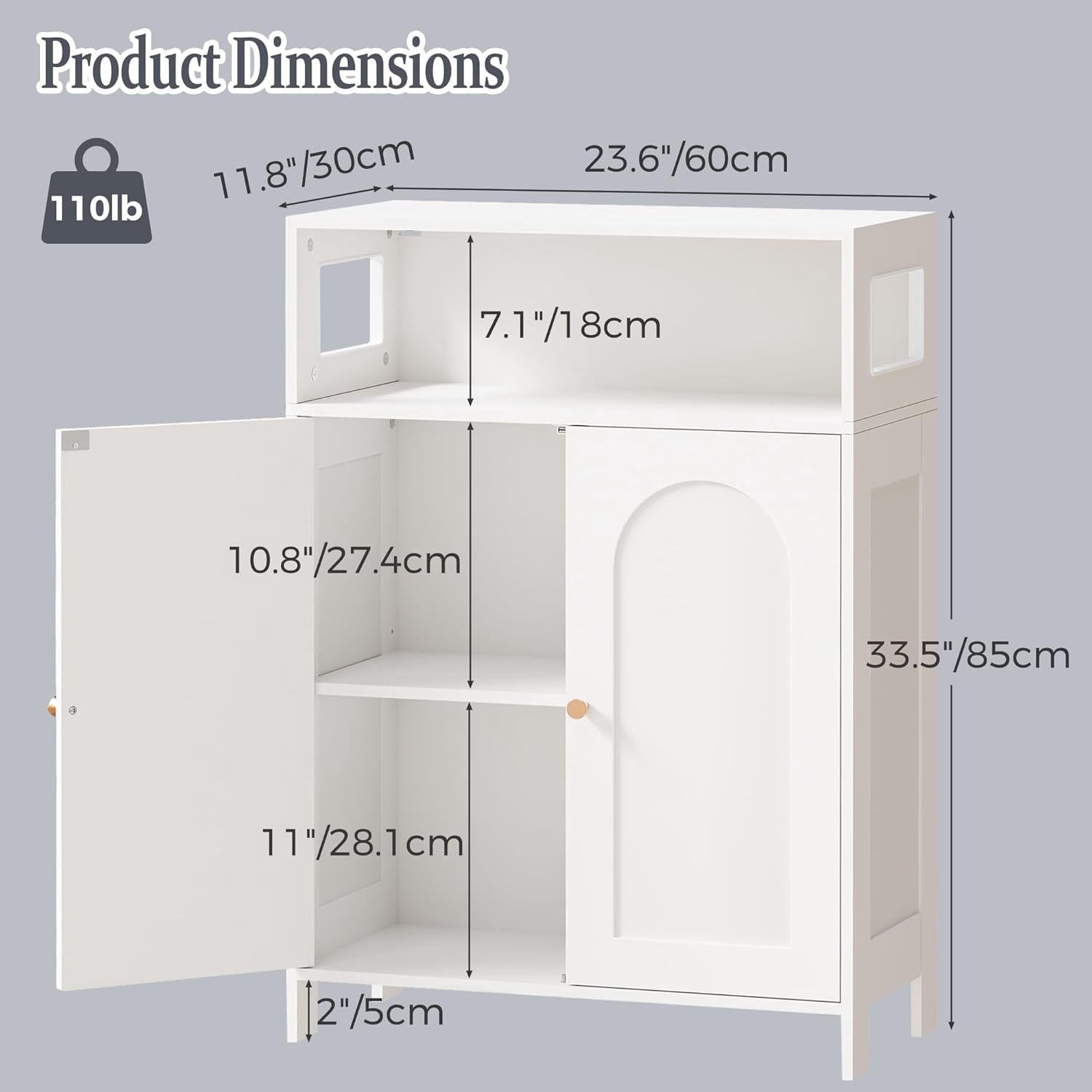 Bathroom Storage Cabinet, Bathroom Floor Storage Cabinet, Freestanding Bathroom Cabinet with Double Doors and Adjustable Shelves, White 11.8" D x 23.6" W x 33.5" H YYG12W