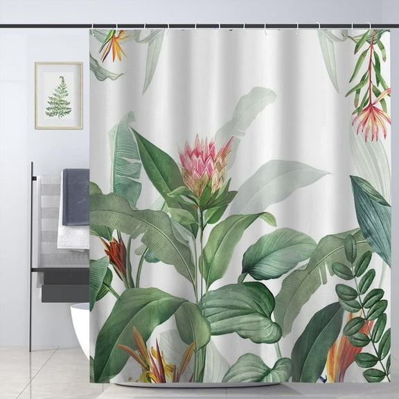 Green Shower Curtain for Bathroom Tropical Leaves Plant Bath Decor 72 x 72 Inch with 12 Hooks
