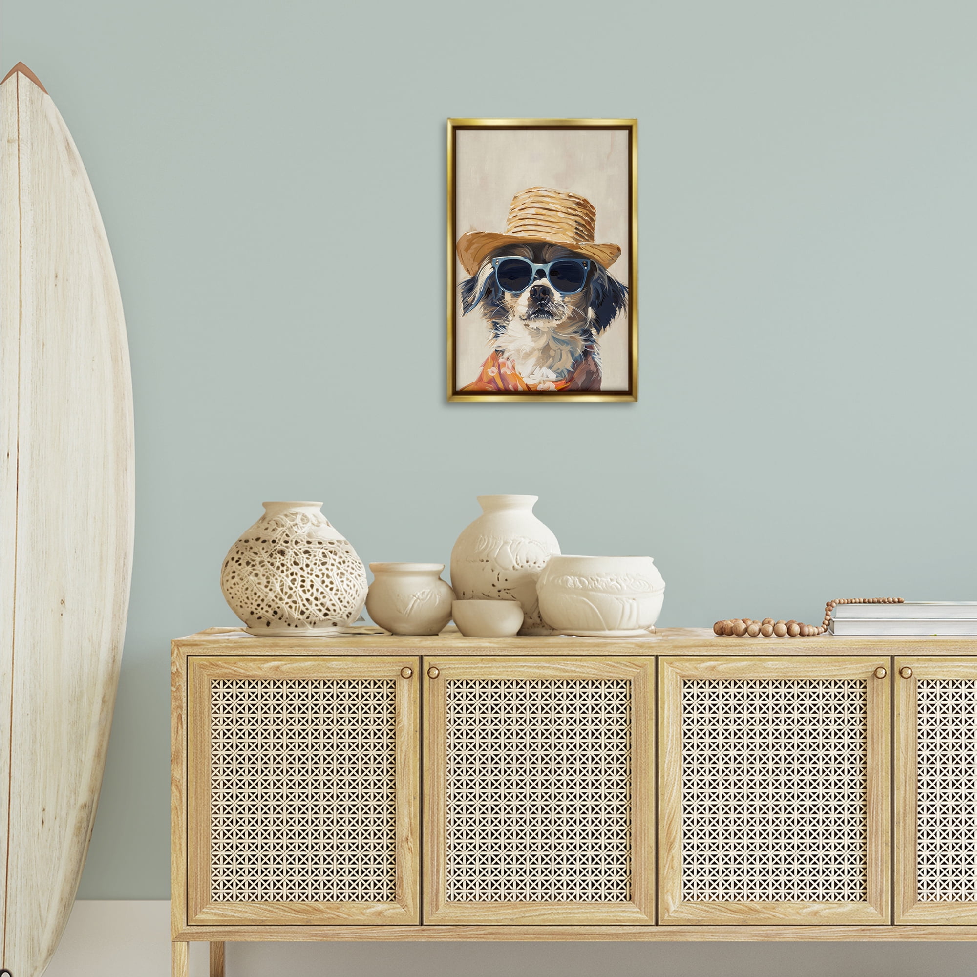 Stupell Industries Beach Vacation Pup Animals & Insects Painting Gold Floater Framed Canvas Art Print Wall Art, 17 x 25