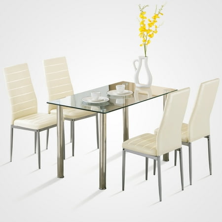 Uenjoy 5pcs Glass Dining Table With 4 Chairs Set Kitchen Furniture Uenjoy 5pcs Glass Dining Table With 4 Chairs Set Kitchen Furniture