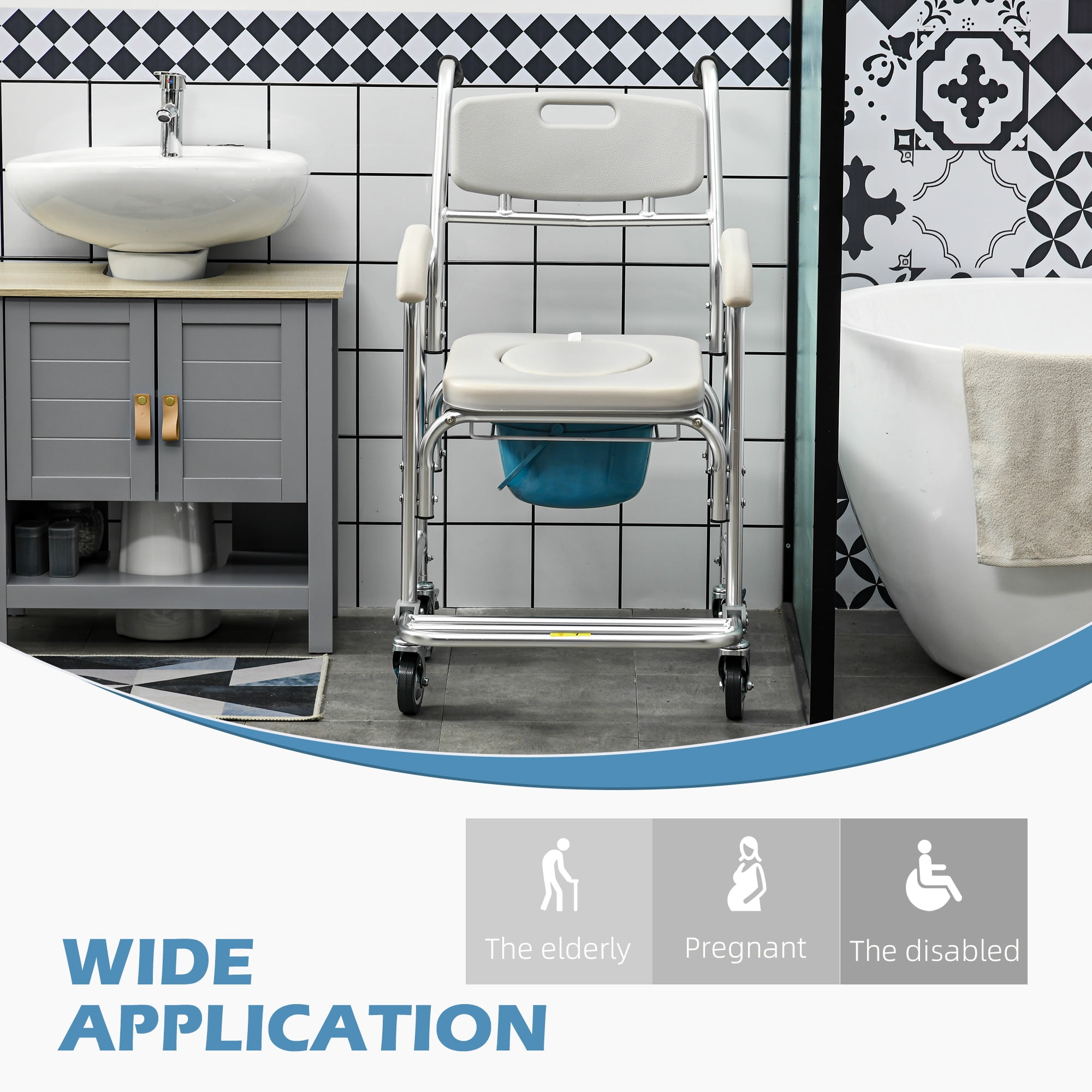 HOMCOM Shower Commode Wheelchair, Padded Seat, 330 lbs., Gray