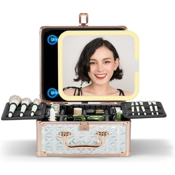 Makeup Case, Makeup Bag with Light Up Mirror Set, Makeup Organizer Bag with Magnet Makeup Mirror for Women and Girls