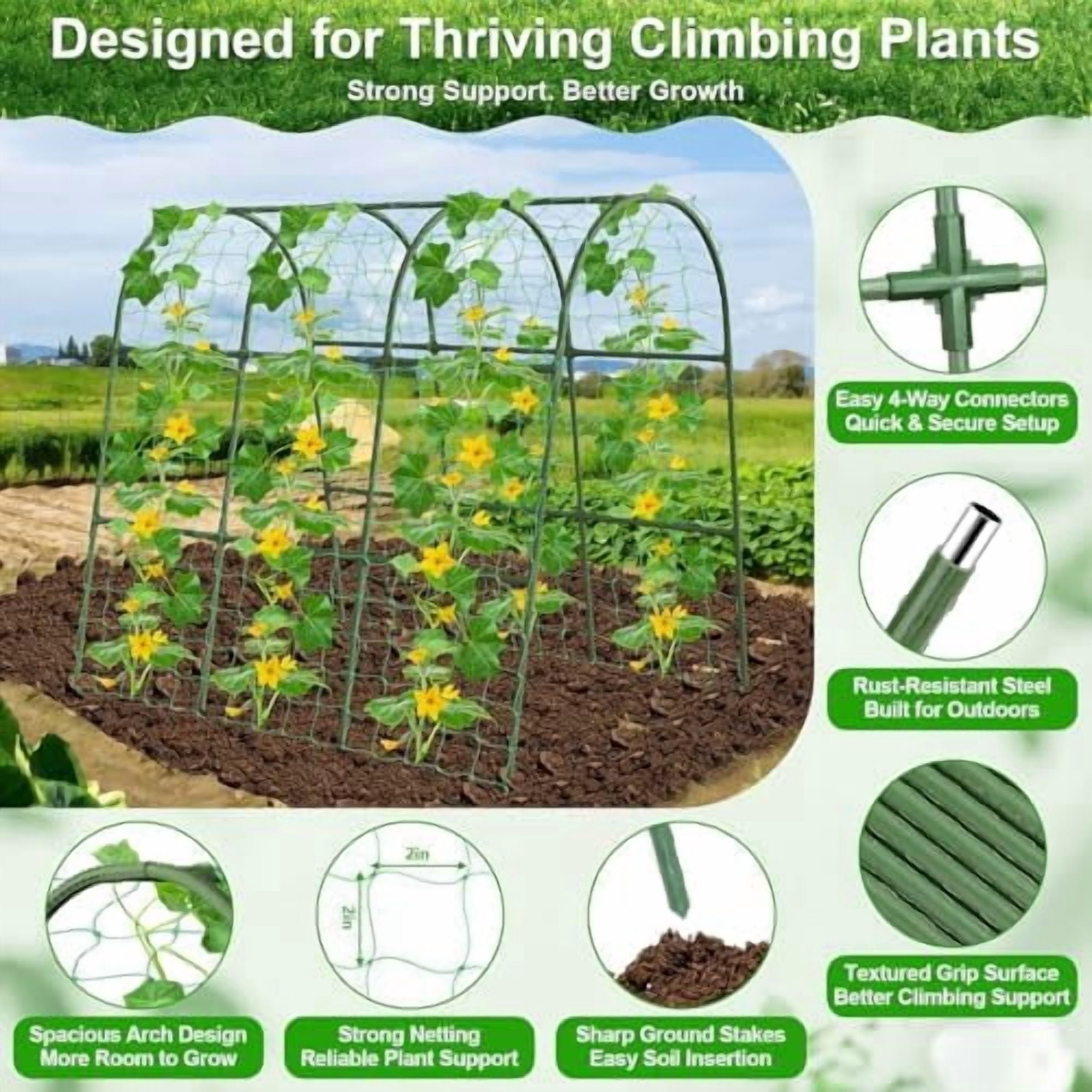 Cucumber Trellis for Raised Bed Garden, U-Shape Arch Trellis for Climbing Plants Outdoor, Metal Vegetables Trellis with Netting, Garden Trellis for Cucumber Plants Sweet Pea Bean Grape