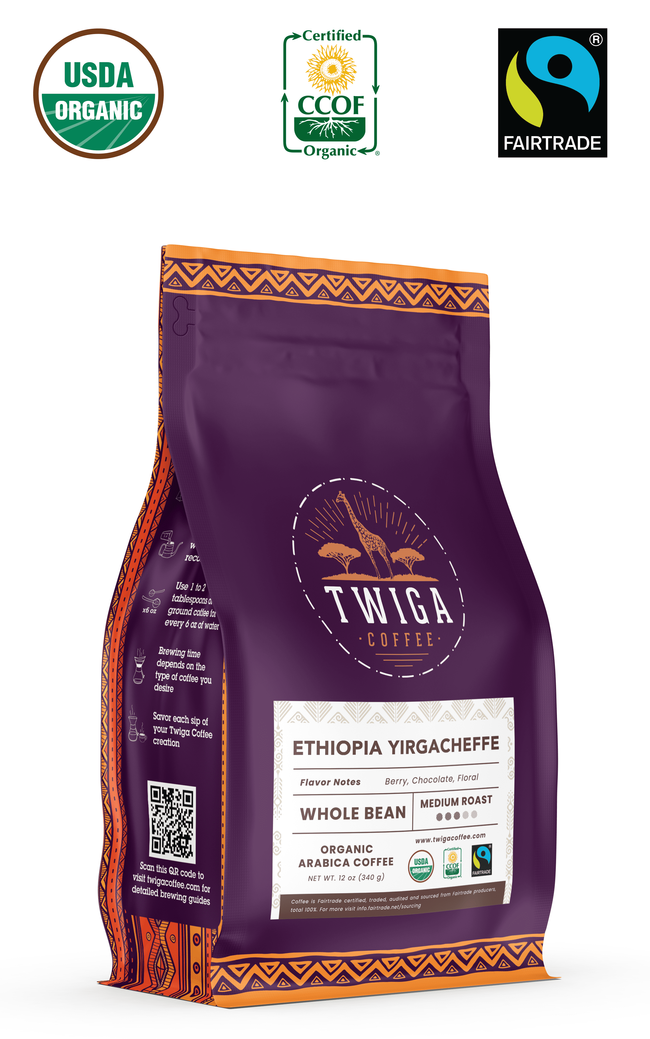 Ethiopia Yirgacheffe Coffee | USDA Organic | Fairtrade | Medium Roast | Whole Bean | 12 oz | Twiga Coffee