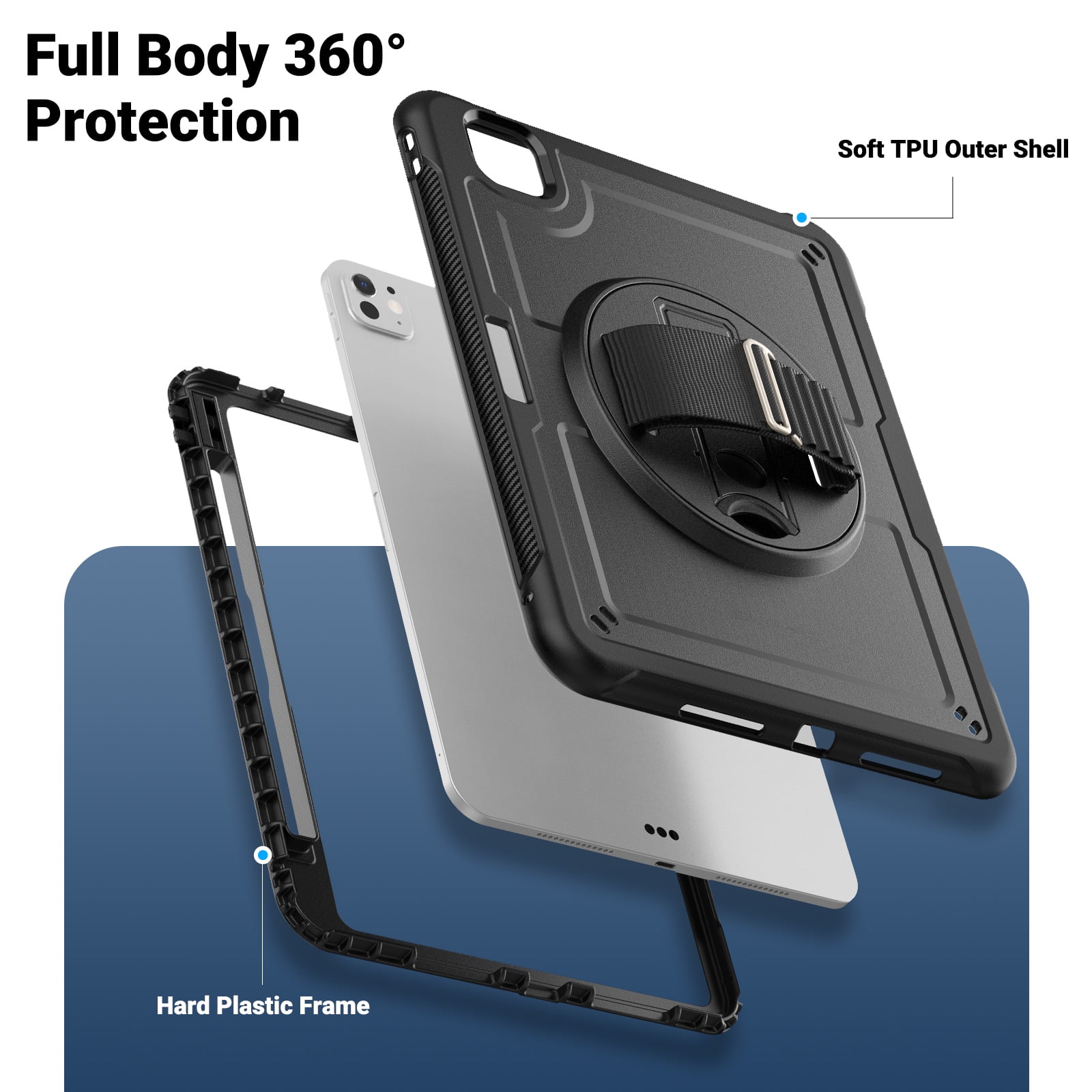ELEHOLD Case for Apple iPad Pro 11 2024,Soft TPU Rugged Durable Case with 360° Rotating Hand Strap & Foldable Hidden Stand & Pencil Holder,Black