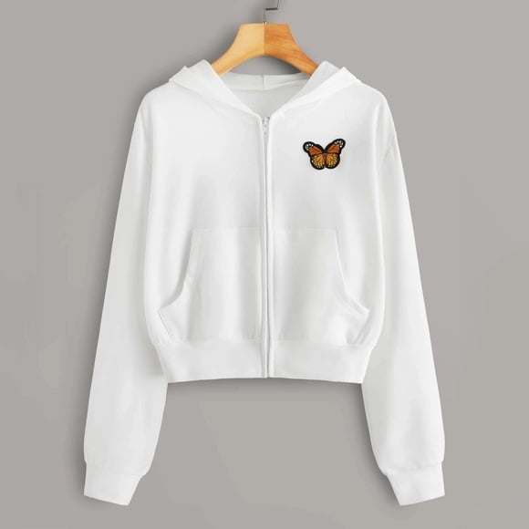 IMENGL Embroidery butterfly long sleeve zipper pocket hooded sweatshirt, White XL, Size M-XL