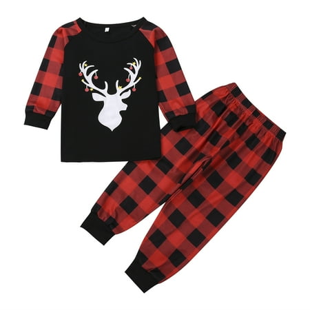 

Tretra Christmas Pajamas Parent-child Dress Elk Print Pullover Plaid Trousers