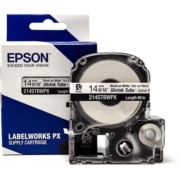 Epson LABELWORKS 214STBWPX - Black on White Shrink Tube Label Maker Tape - AWG 0–5, 9/16" (14MM) Wide, 8 ft (96")