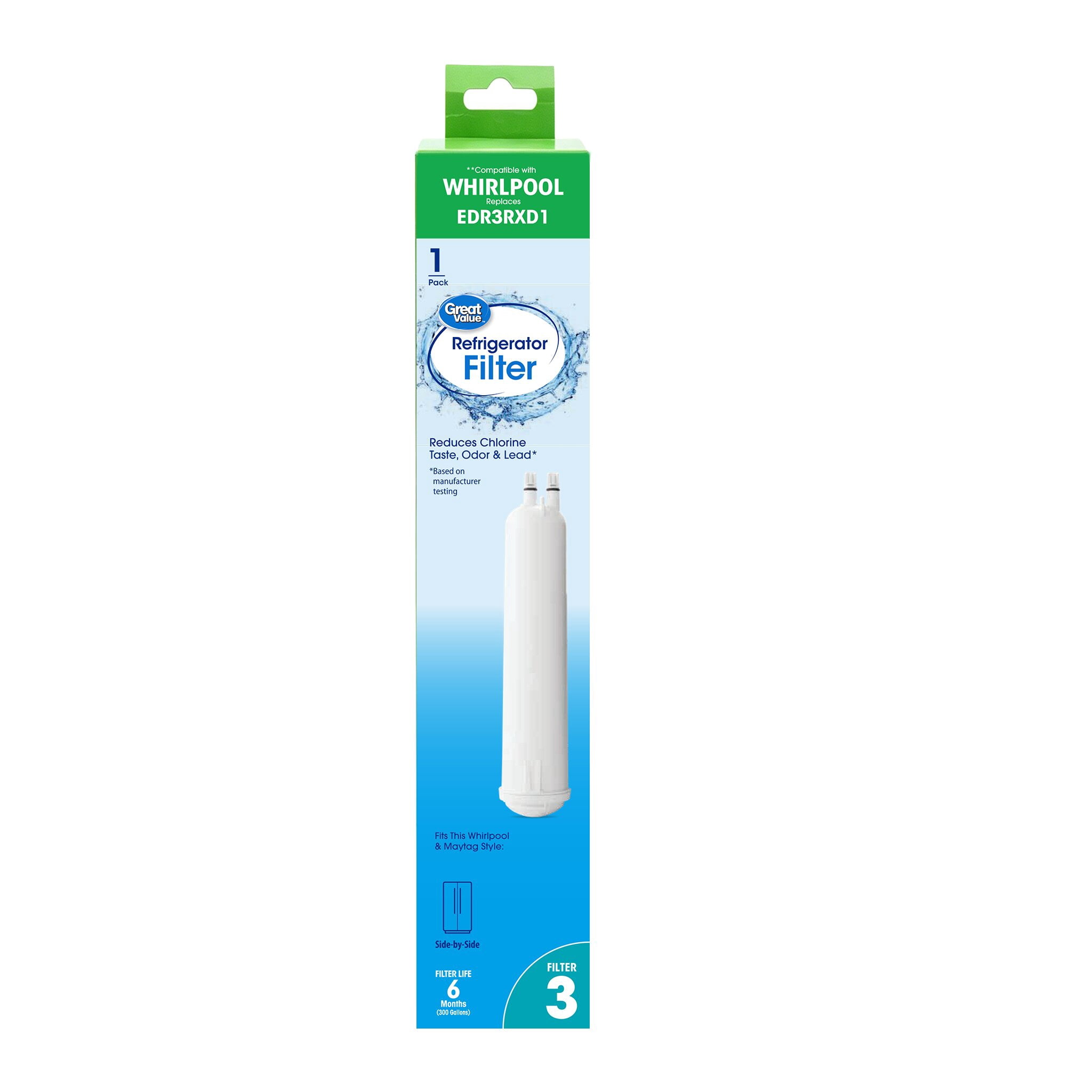 (3 pack) Great Value Refrigerator Water Filter Replacement for Whirlpool EveryDrop Filter 3, EDR3RXD1, 1 Pack