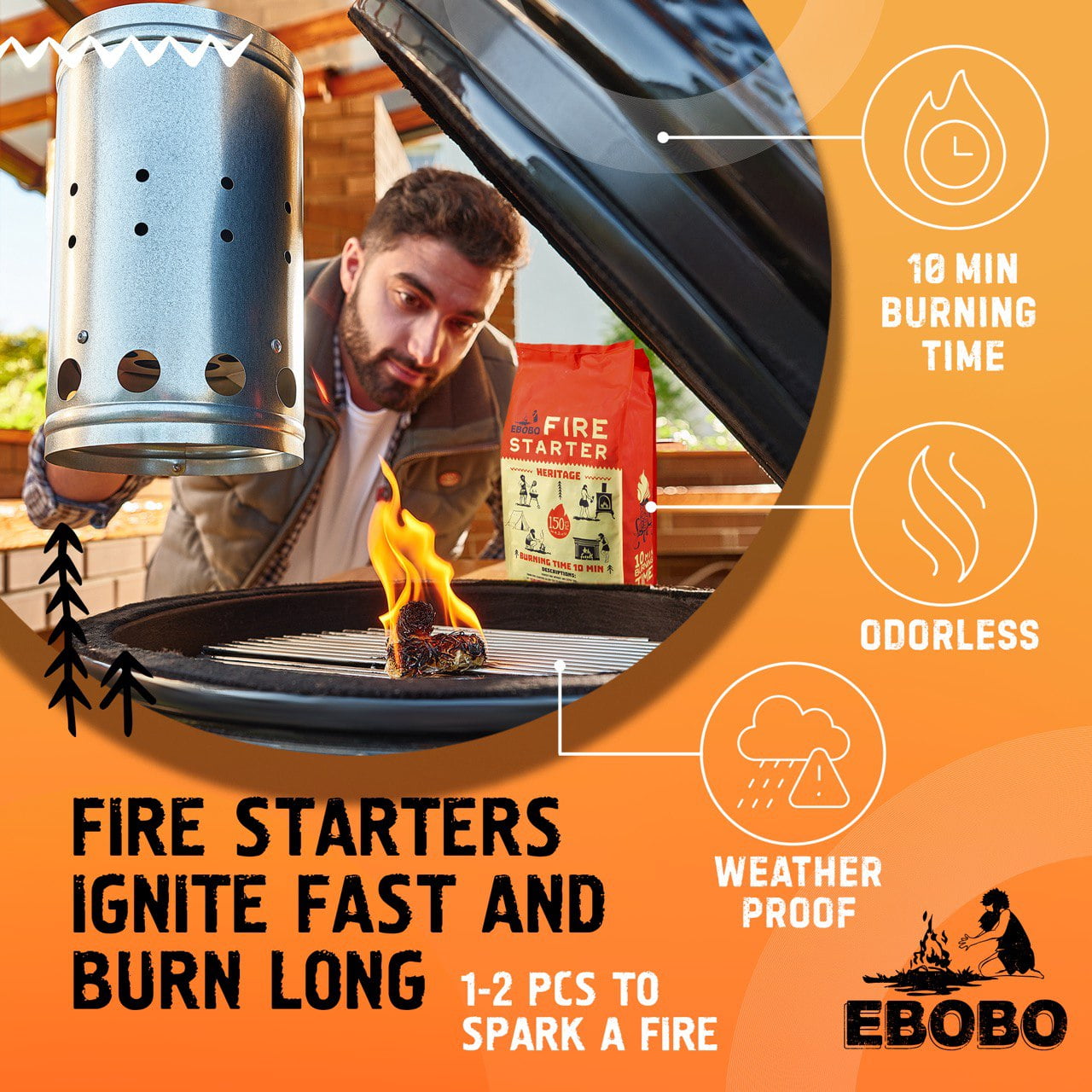 Ebobo - Natural Fire Starter, 150 Firelighters, 10 Min Burn Time