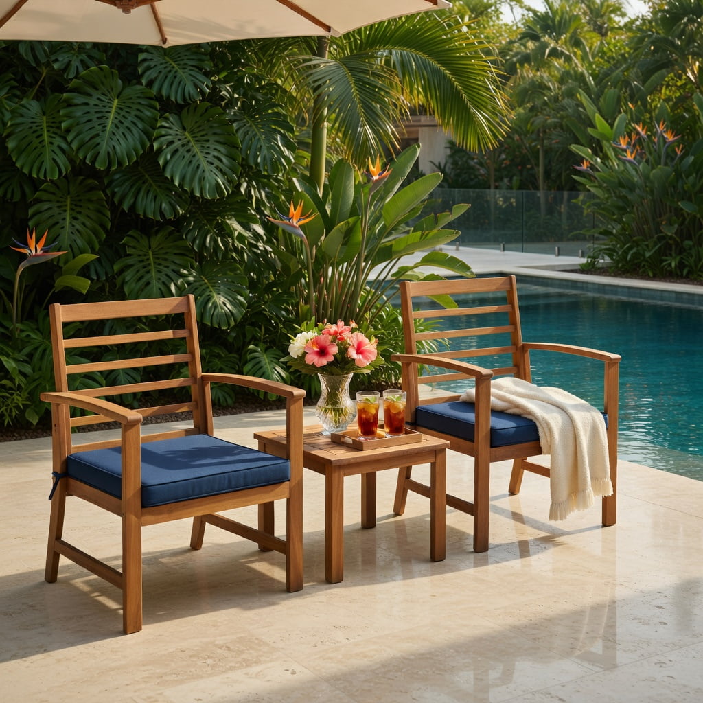 Hommoo 3-Piece Acacia Wood Outdoor Patio Furniture Set with Cushions, Durable Backyard Seating for Poolside, Porch, or Deck, Navy