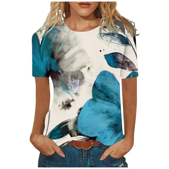 IROINNID Women Summer Comfy Short Sleeve Round Neck Printed Loose Tops Blouse T-shirt Spring