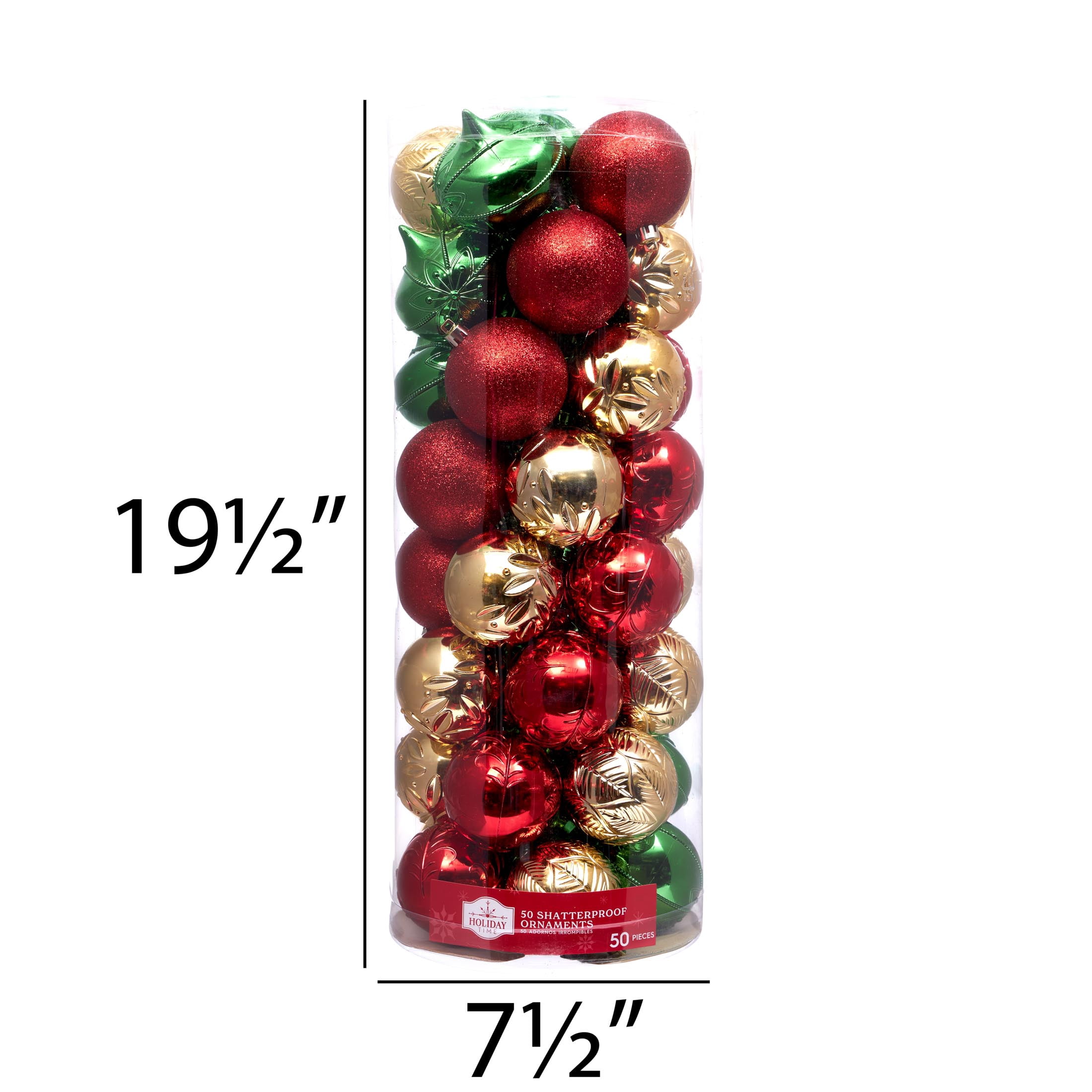 Red, Green and Gold Shatterproof Christmas Ball Ornaments, 50 Count, by Holiday Time