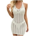 thumbnail image 2 of BLTIBY Women Beach Dress Swimsuit Crochet Swim Halter Neck Cover Up Summer Bathing Suit Swimwear Knit Sleeveless Pullover Dresses Beige L, 2 of 5