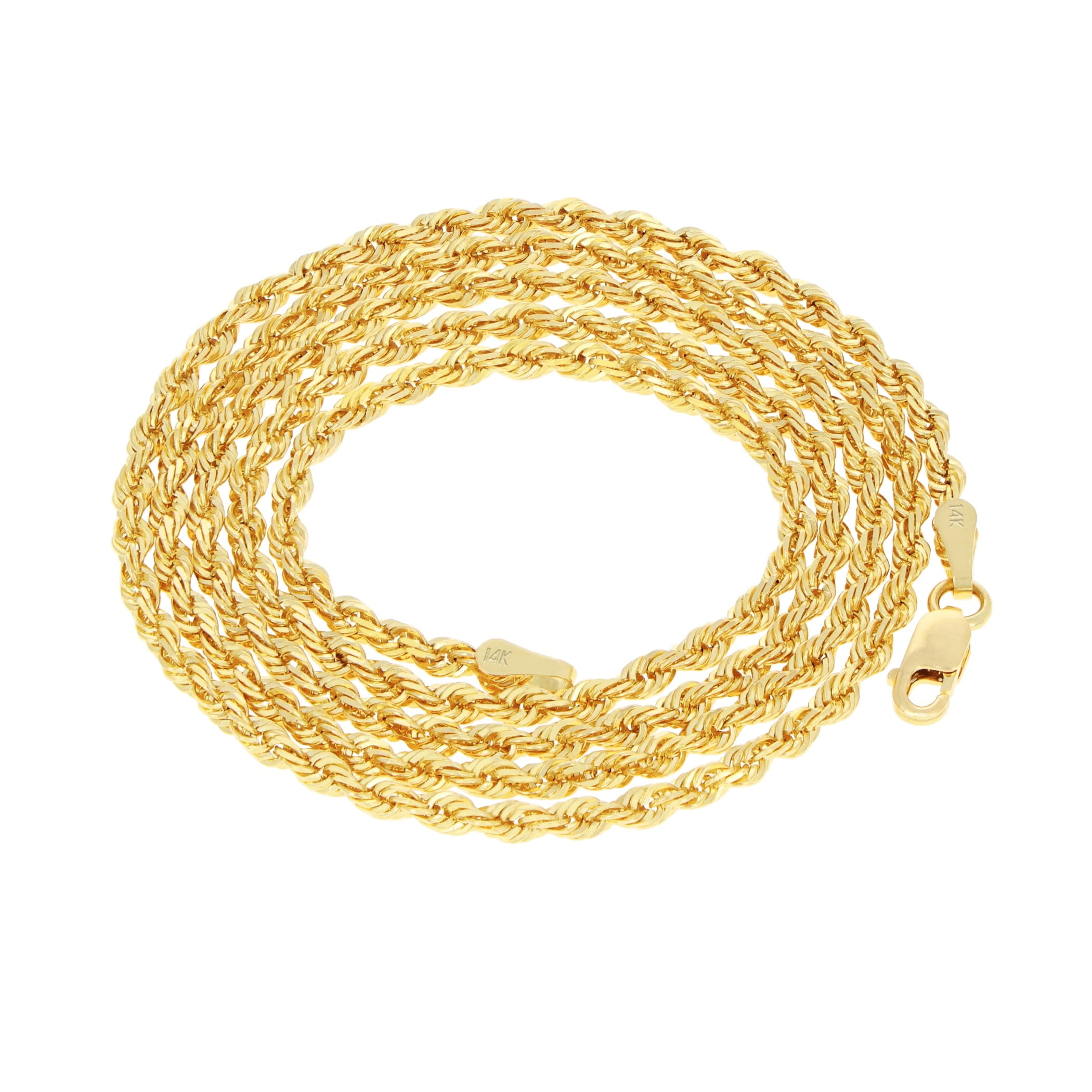 Nuragold 14k Real Yellow Gold 2mm Rope Chain Diamond Cut Necklace (16"-30") Italian Jewelry for Men & Women