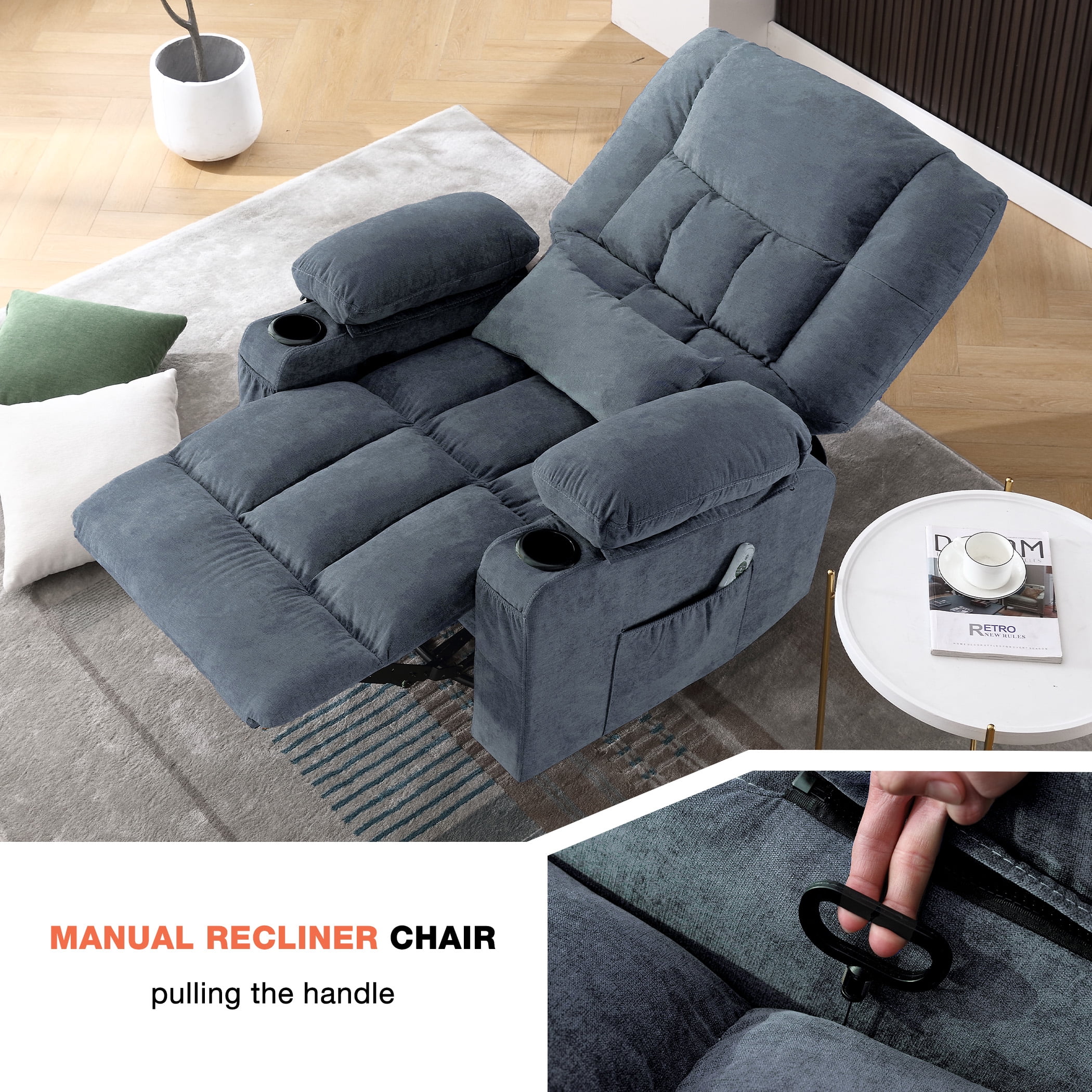 Oversized Massage Rocker Recliner Chair for Adults,Manual Vibration Massage with Heat, 8 Massage Points, 2 Cup Holders, USB Charging Port, Rocking Function, Reclines up to 150°