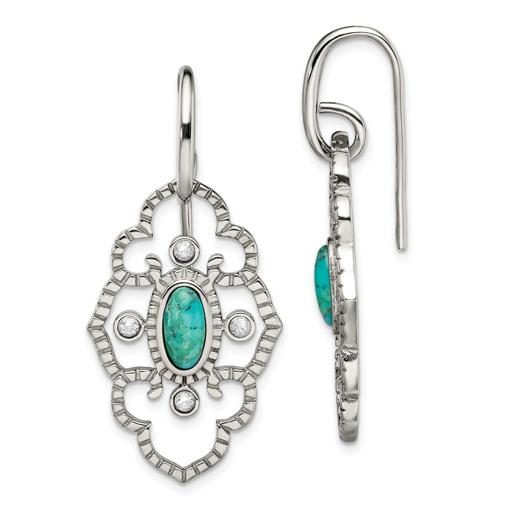 Stainless Steel Polished Imi Turquoise CZ Dangle Earrings For stainless-steel-polished-imi-turquoise-cz-dangle-earrings-for