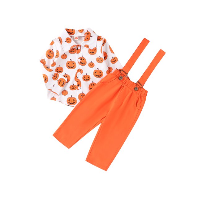 xiaxaixu Child Halloween Outfits Boys Girls Pumpkin Print Button Down Shirt and Overalls Set Kids 2 Piece Pants Suits